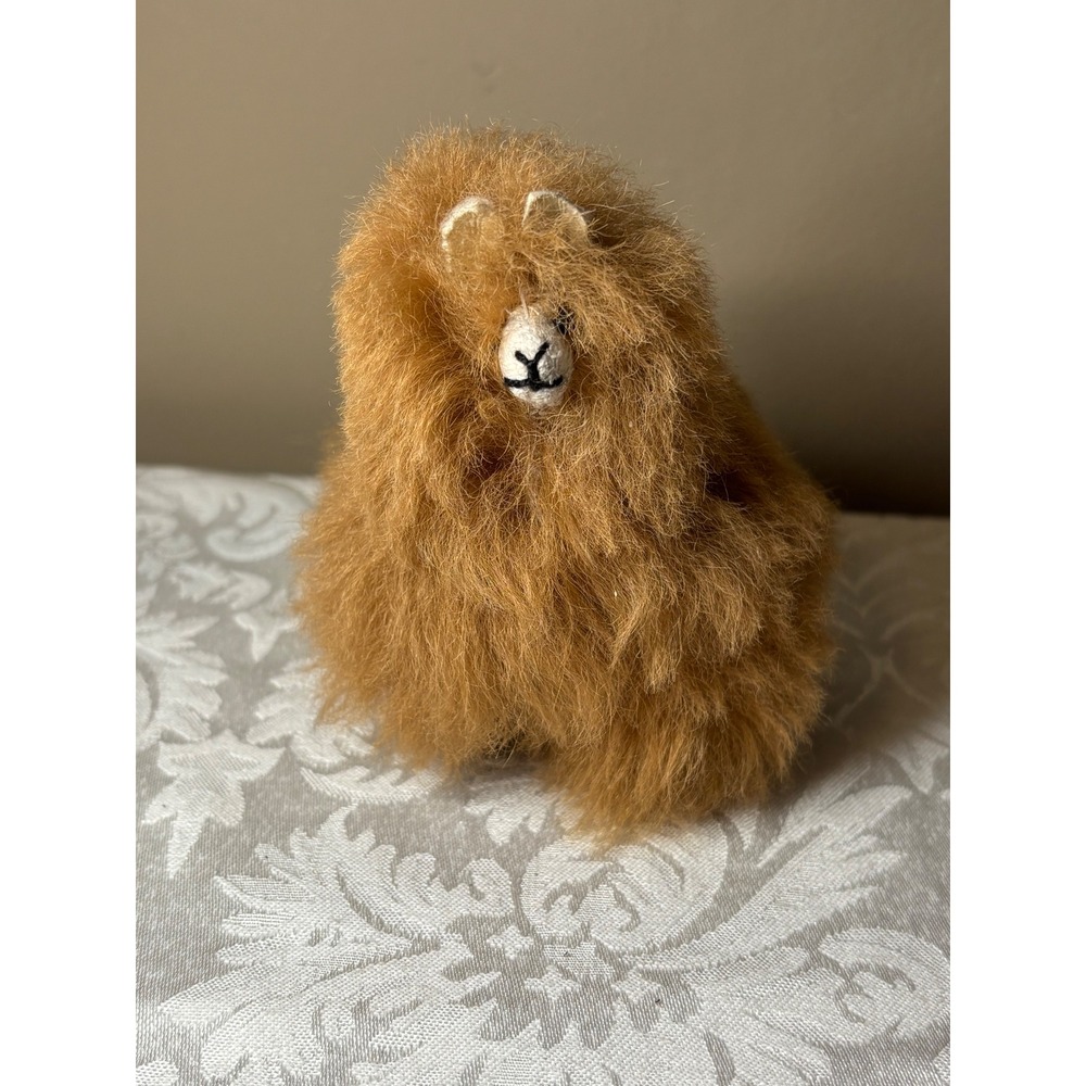 Handmade Alpaca Fur Llama Figurine Fluffy Ginger Brown Soft Toy 5 Inch VTG